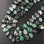 Natural Green Emerald Beads Flat Freeform Teardrop Gemstone 15.5" Strand