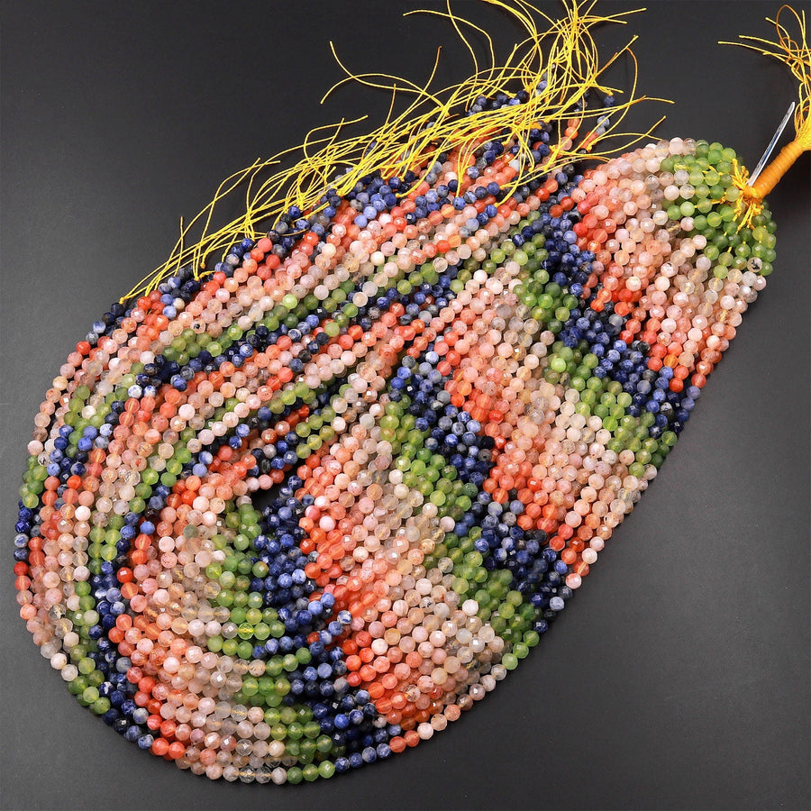 Micro Faceted Multicolor Mixed Gemstone Round Beads 4mm Blue SodaliteOrange Sunstone Green Jade 15.5" Strand