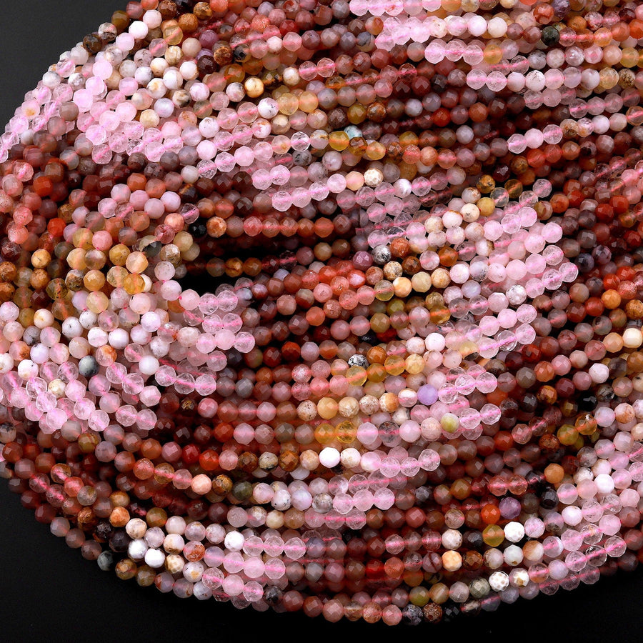 Micro Faceted Multicolor Mixed Gemstone Round Beads 4mm Rose Quartz Yellow Opal Rainbow Agate Gradient Red Shades 15.5" Strand
