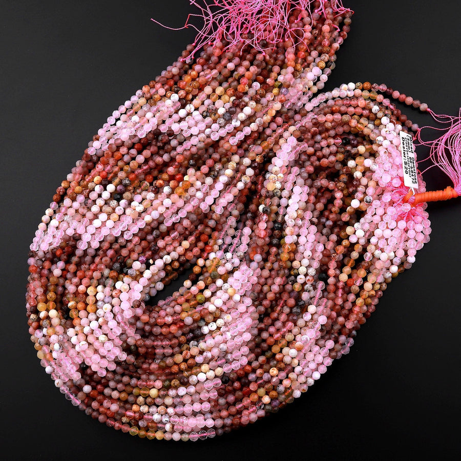 Micro Faceted Multicolor Mixed Gemstone Round Beads 4mm Rose Quartz Yellow Opal Rainbow Agate Gradient Red Shades 15.5" Strand