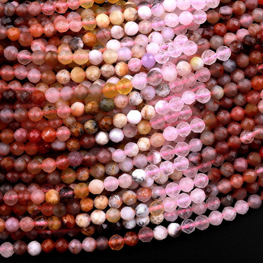 Micro Faceted Multicolor Mixed Gemstone Round Beads 4mm Rose Quartz Yellow Opal Rainbow Agate Gradient Red Shades 15.5" Strand