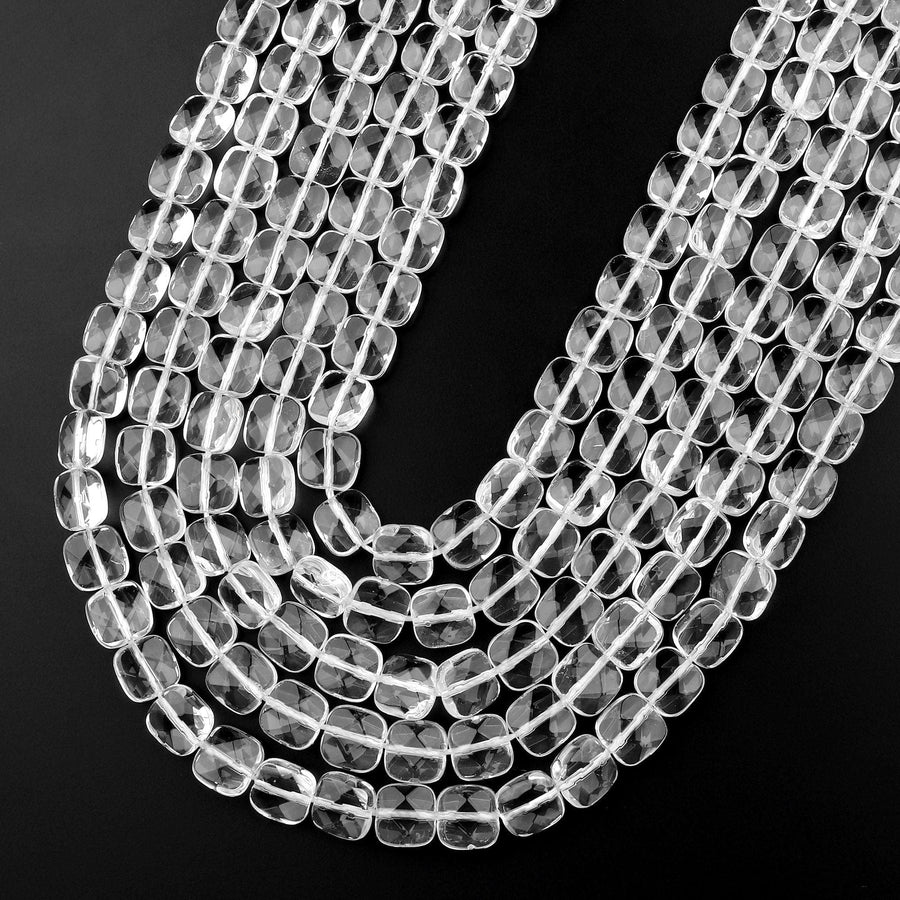 Natural Rock Crystal Quartz Beads Faceted Square Cushion Icy Clear Rock Crystal Quartz 15.5" Strand