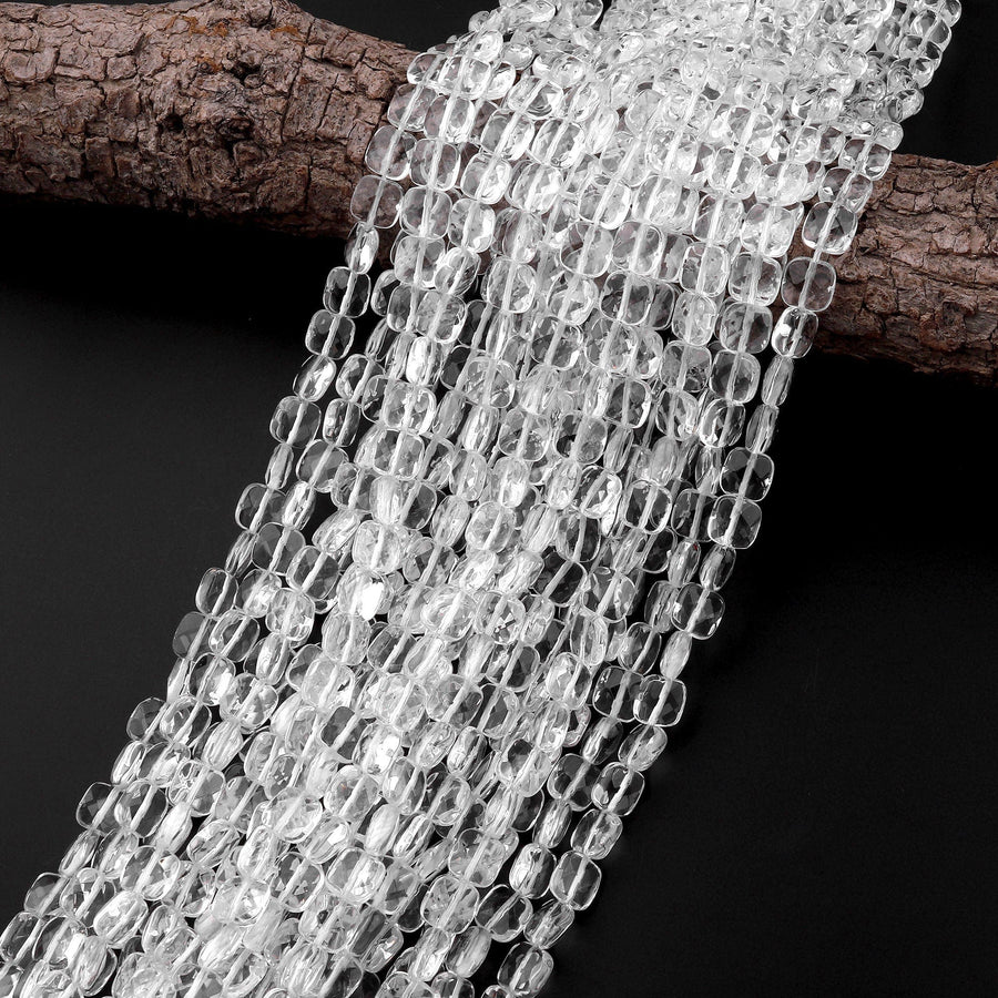 Natural Rock Crystal Quartz Beads Faceted Square Cushion Icy Clear Rock Crystal Quartz 15.5" Strand