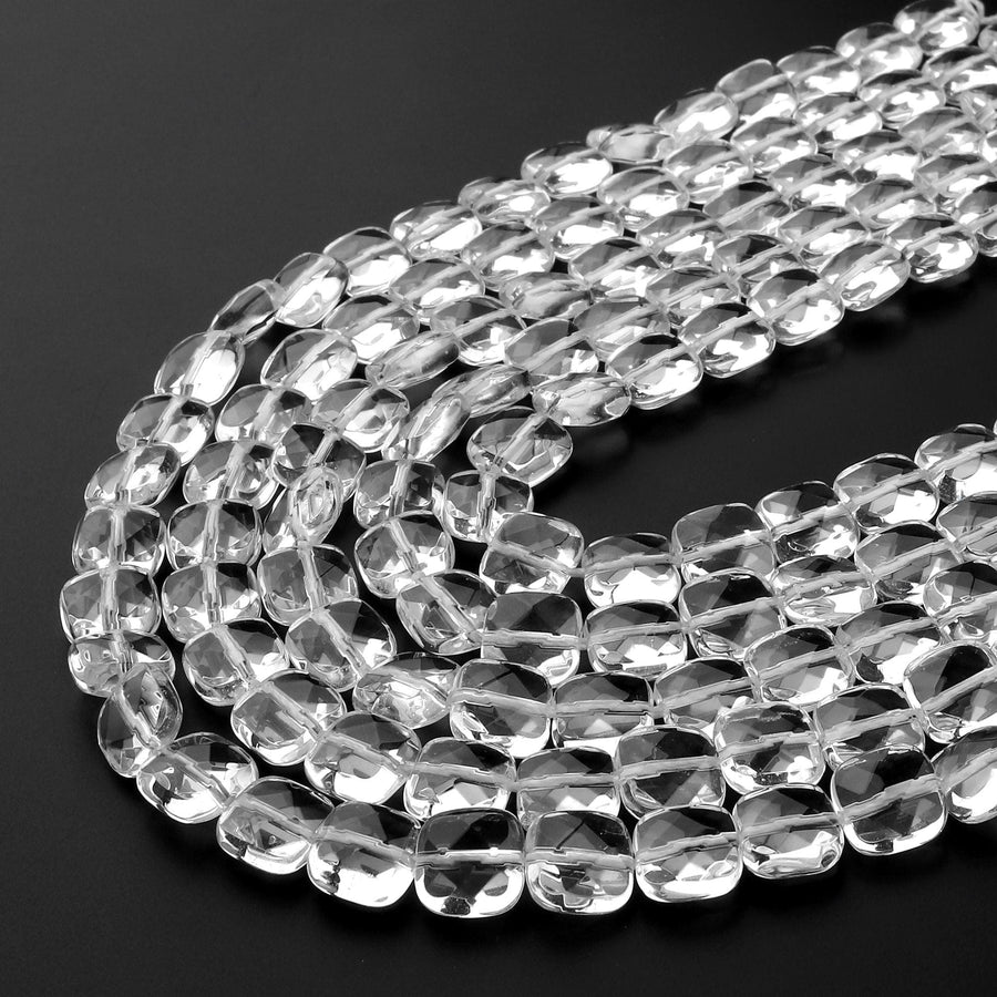 Natural Rock Crystal Quartz Beads Faceted Square Cushion Icy Clear Rock Crystal Quartz 15.5" Strand