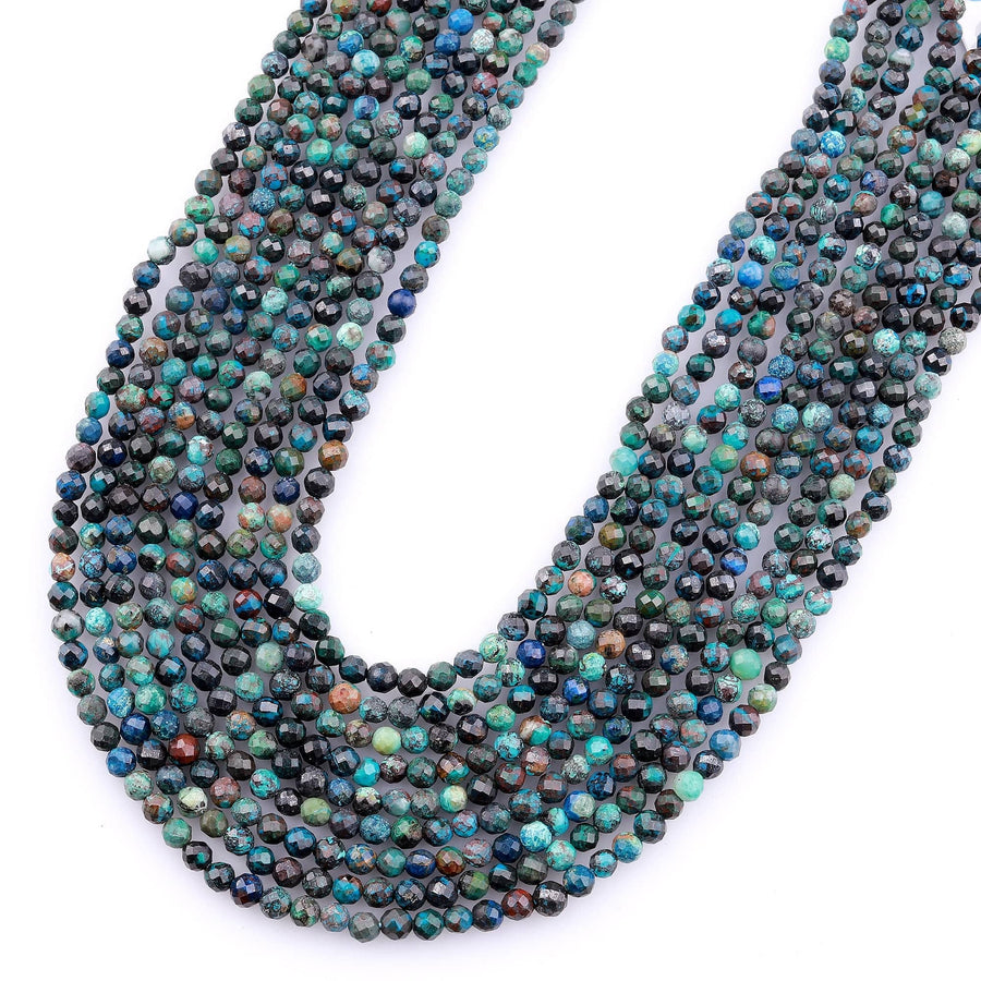 Faceted Natural Chrysocolla Azurite 3mm Round Beads Laser Diamond Cut Blue Green Gemstone 15.5" Strand