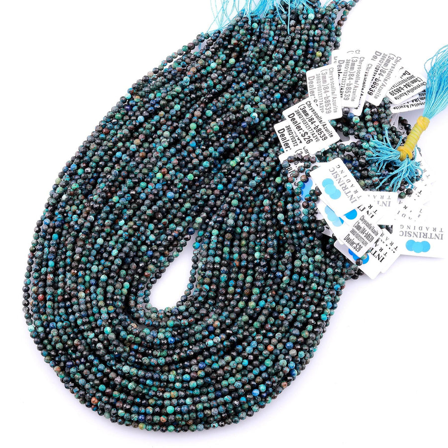 Faceted Natural Chrysocolla Azurite 3mm Round Beads Laser Diamond Cut Blue Green Gemstone 15.5" Strand
