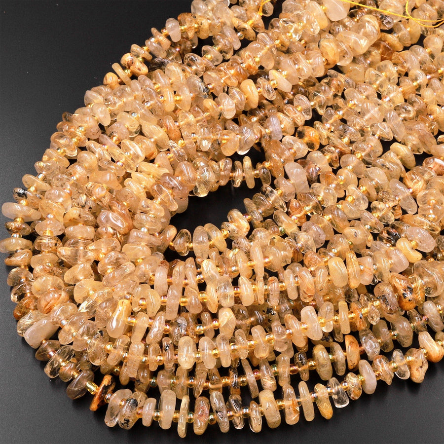 Natural Golden Rutilated Quartz Large Freeform Rondelle Beads 15.5" Strand