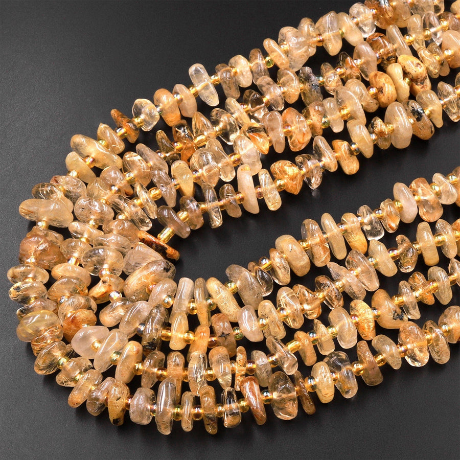Natural Golden Rutilated Quartz Large Freeform Rondelle Beads 15.5" Strand