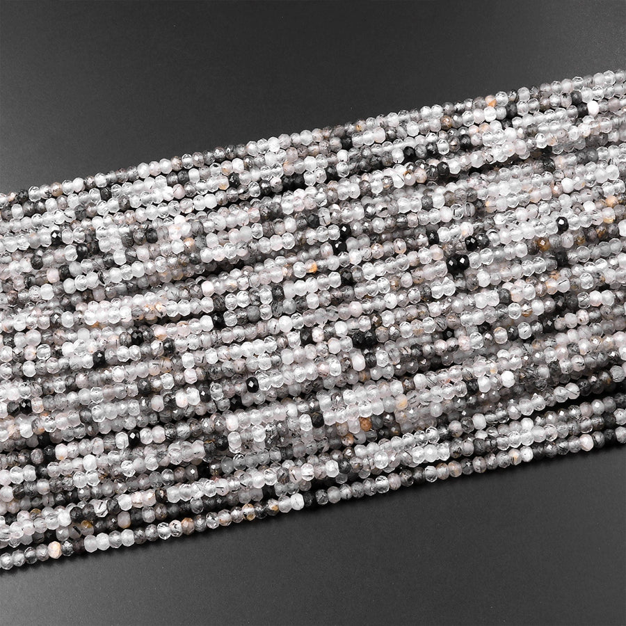 Natural Black Tourmaline Rutilated Rutile Quartz 3mm Faceted Rondelle Beads Micro Faceted Diamond Cut Gemstone 15.5" Strand