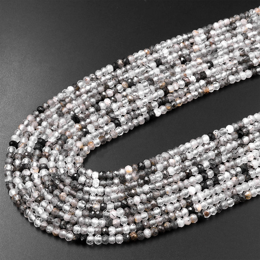 Natural Black Tourmaline Rutilated Rutile Quartz 3mm Faceted Rondelle Beads Micro Faceted Diamond Cut Gemstone 15.5" Strand