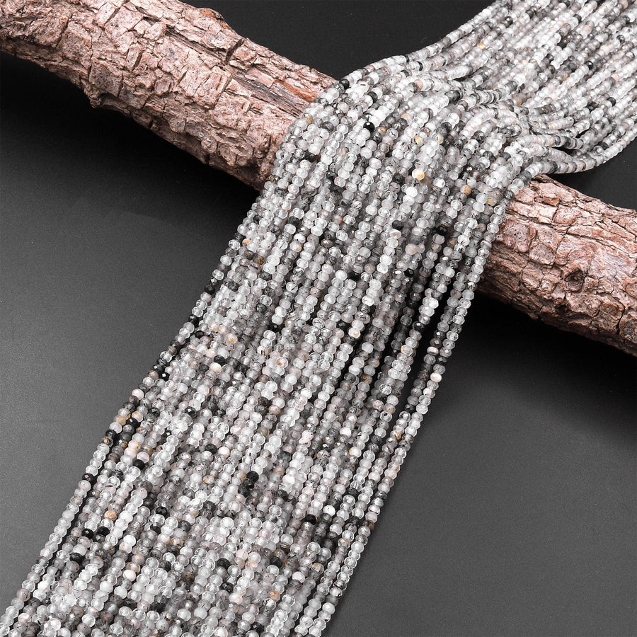 Natural Black Tourmaline Rutilated Rutile Quartz 3mm Faceted Rondelle Beads Micro Faceted Diamond Cut Gemstone 15.5" Strand