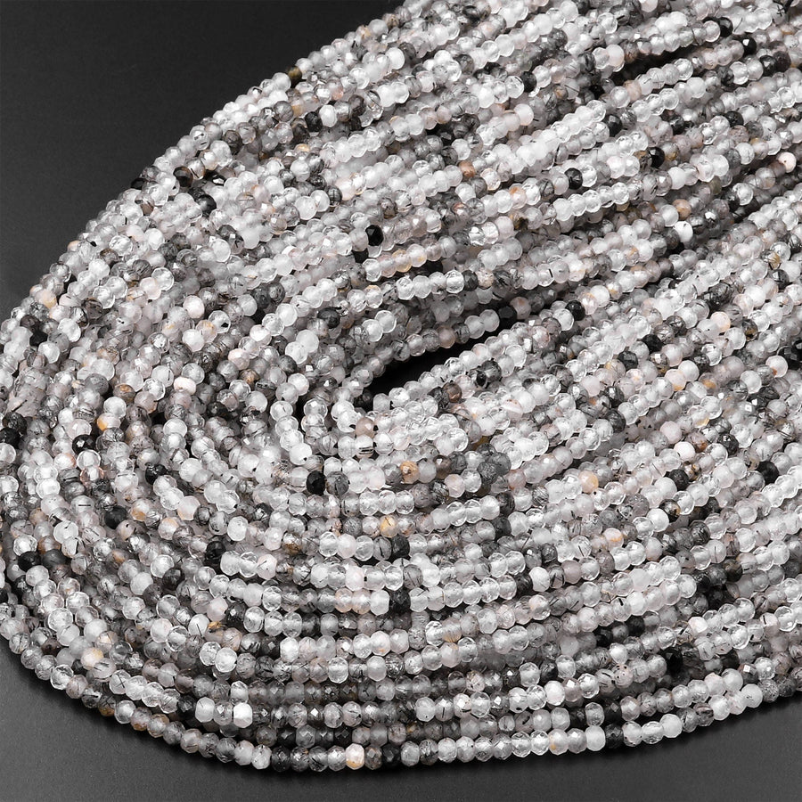 Natural Black Tourmaline Rutilated Rutile Quartz 3mm Faceted Rondelle Beads Micro Faceted Diamond Cut Gemstone 15.5" Strand