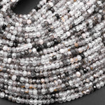 Natural Black Tourmaline Rutilated Rutile Quartz 3mm Faceted Rondelle Beads Micro Faceted Diamond Cut Gemstone 15.5" Strand