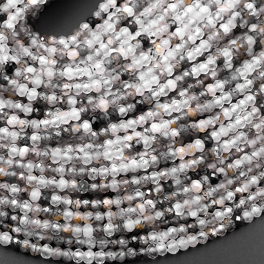 Natural Black Tourmaline Rutilated Rutile Quartz 3mm Faceted Rondelle Beads Micro Faceted Diamond Cut Gemstone 15.5" Strand