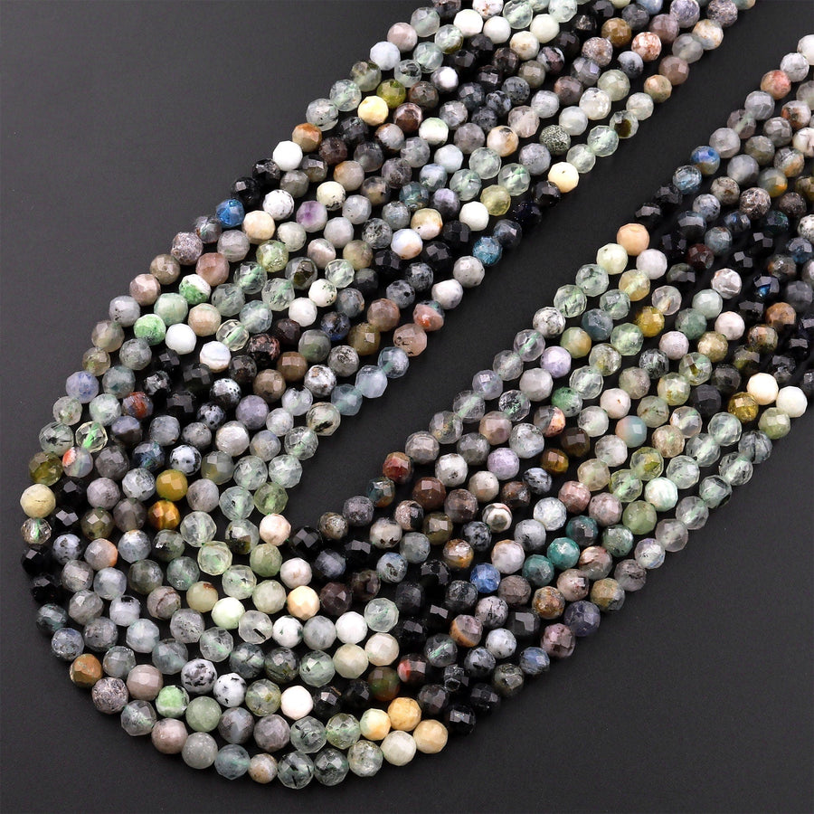 Micro Faceted Multicolor Mixed Gemstone Round Beads 4mm Prehnite Tourmaline Opal 15.5" Strand