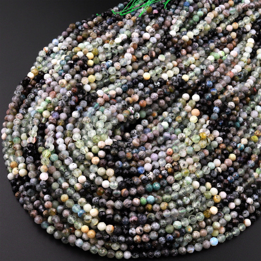 Micro Faceted Multicolor Mixed Gemstone Round Beads 4mm Prehnite Tourmaline Opal 15.5" Strand