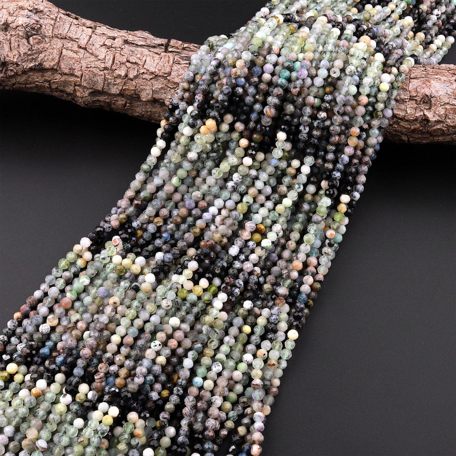 Micro Faceted Multicolor Mixed Gemstone Round Beads 4mm Prehnite Tourmaline Opal 15.5" Strand