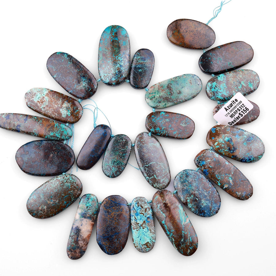 Genuine Natural Blue Azurite Beads Large Top Side Drilled Freeform Long Oval Focal Pendant From Arizona Copper Mine 15.5" Strand
