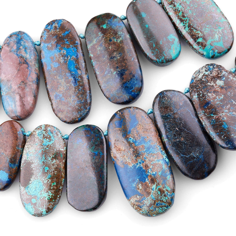Genuine Natural Blue Azurite Beads Large Top Side Drilled Freeform Long Oval Focal Pendant From Arizona Copper Mine 15.5" Strand