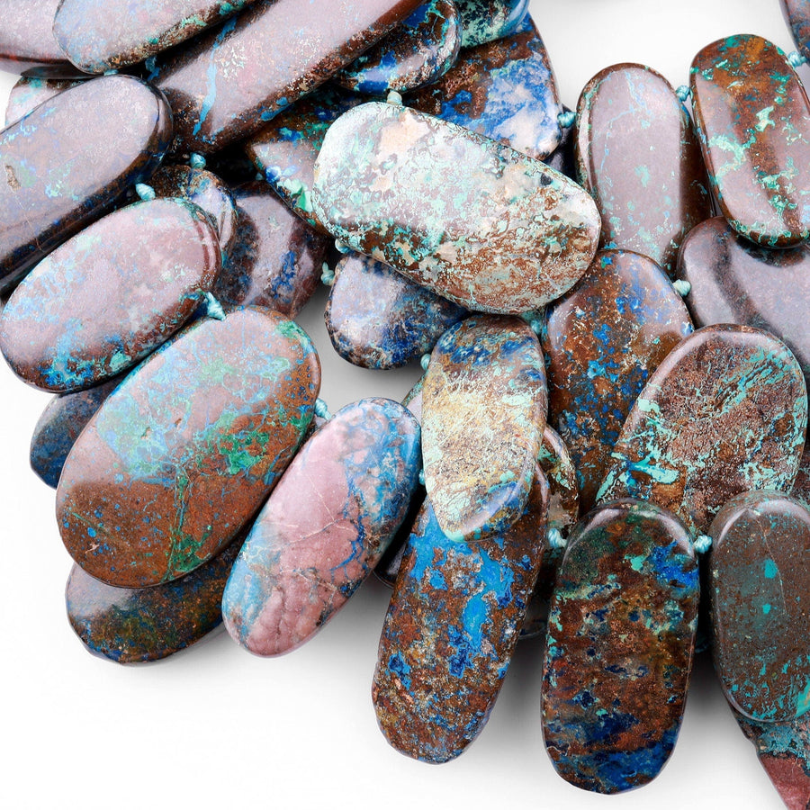 Genuine Natural Blue Azurite Beads Large Top Side Drilled Freeform Long Oval Focal Pendant From Arizona Copper Mine 15.5" Strand
