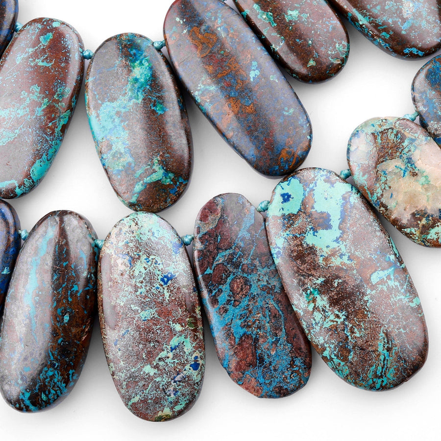 Genuine Natural Blue Azurite Beads Large Top Side Drilled Freeform Long Oval Focal Pendant From Arizona Copper Mine 15.5" Strand