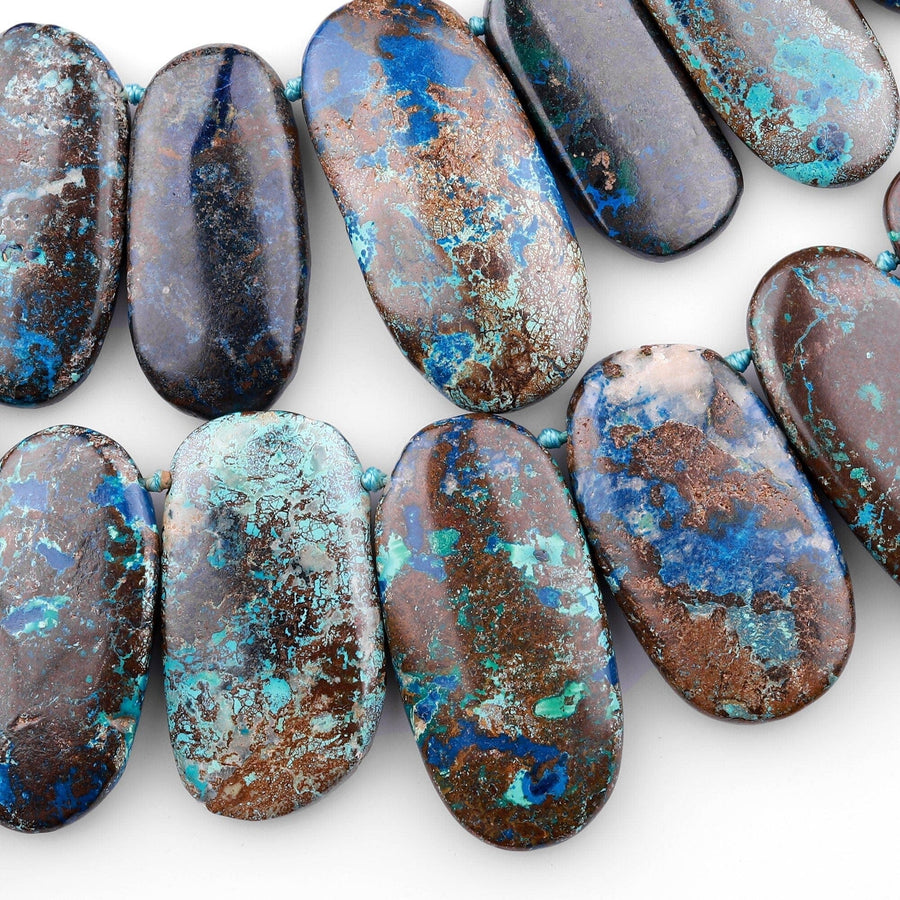 Genuine Natural Blue Azurite Beads Large Top Side Drilled Freeform Long Oval Focal Pendant From Arizona Copper Mine 15.5" Strand