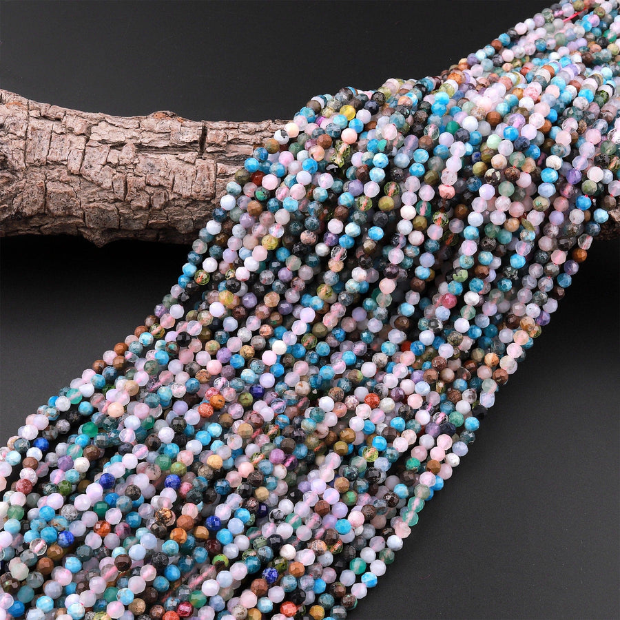 Micro Faceted Multicolor Gemstone Round Beads 4mm Rose Quartz Apatite Jade 15.5" Strand