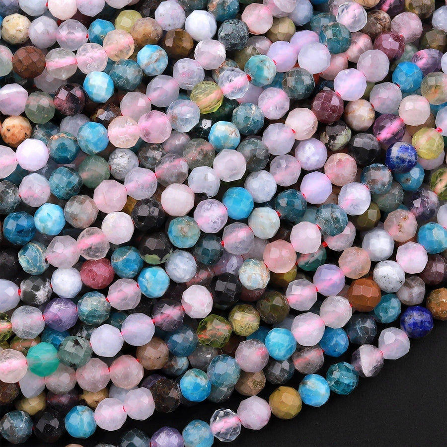 Micro Faceted Multicolor Gemstone Round Beads 4mm Rose Quartz Apatite Jade 15.5" Strand