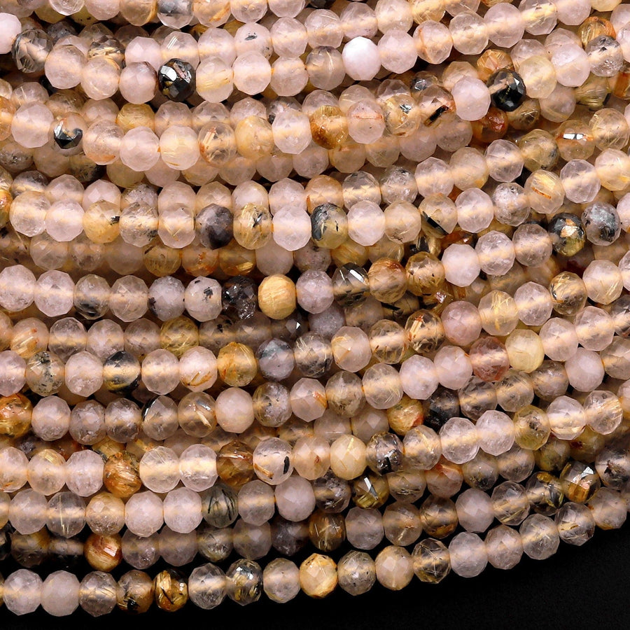 Faceted Natural Titanium Golden Rutile Quartz  3mm 4mm Rondelle Beads 15.5" Strand