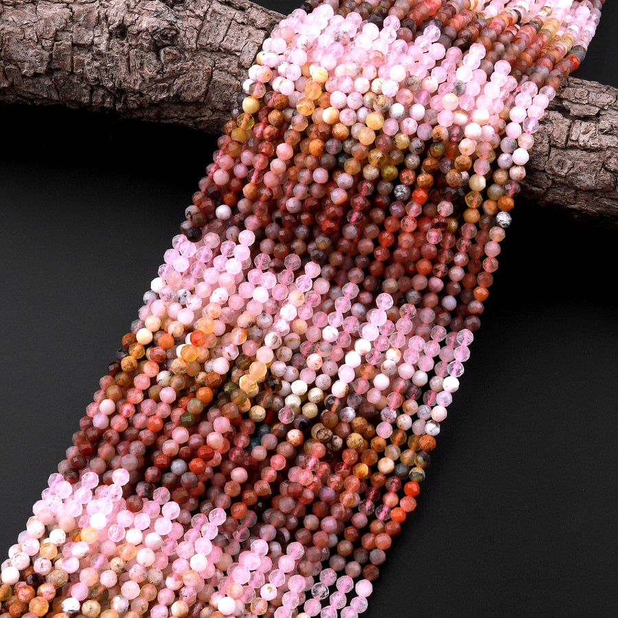 Micro Faceted Multicolor Mixed Gemstone Round Beads 4mm Rose Quartz Yellow Opal Rainbow Agate Gradient Red Shades 15.5" Strand