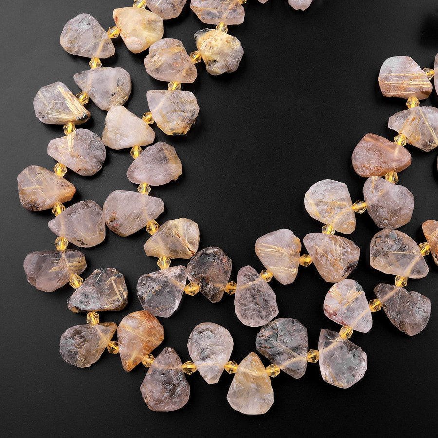 Natural Raw Titanium Golden Rutile Quartz Beads Freeform Teardrop Shape Hand Cut Gemstone 15.5" Strand