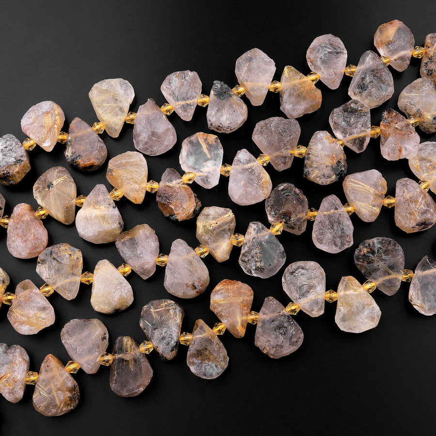 Natural Raw Titanium Golden Rutile Quartz Beads Freeform Teardrop Shape Hand Cut Gemstone 15.5" Strand