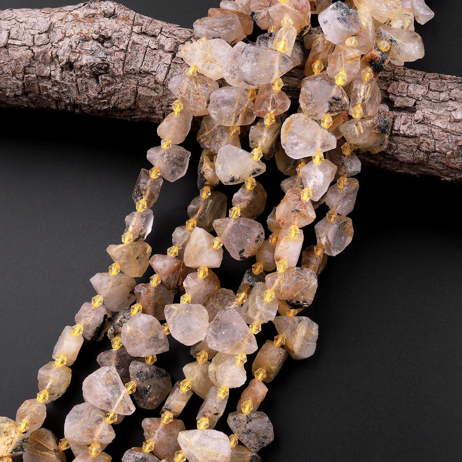 Natural Raw Titanium Golden Rutile Quartz Beads Freeform Teardrop Shape Hand Cut Gemstone 15.5" Strand