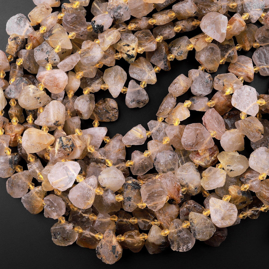 Natural Raw Titanium Golden Rutile Quartz Beads Freeform Teardrop Shape Hand Cut Gemstone 15.5" Strand