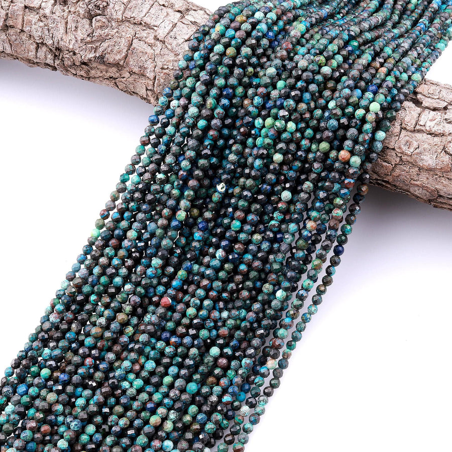Faceted Natural Chrysocolla Azurite 3mm Round Beads Laser Diamond Cut Blue Green Gemstone 15.5" Strand