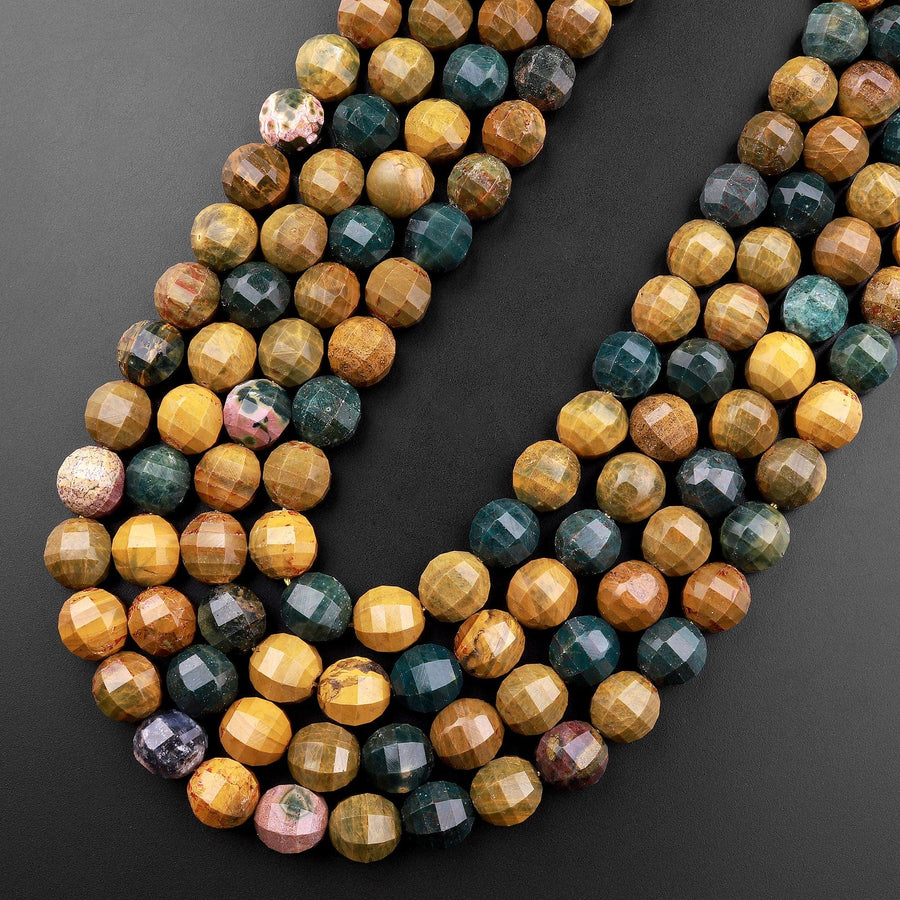 Natural Ocean Jasper Faceted Lantern Beads Large Rounded 10mm 15.5" Strand