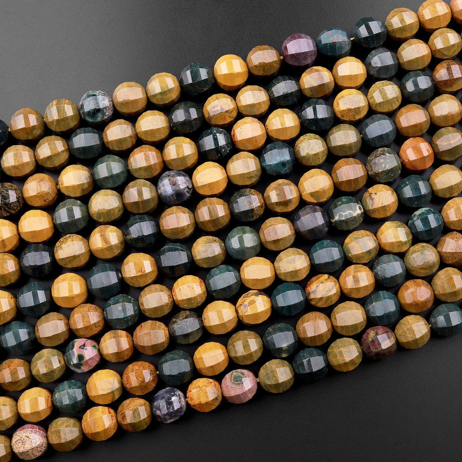 Natural Ocean Jasper Faceted Lantern Beads Large Rounded 10mm 15.5" Strand