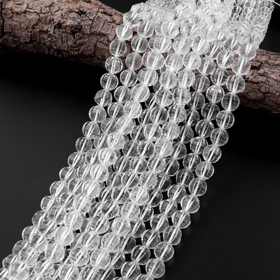 Natural Rock Crystal Quartz Faceted Lantern Beads Rounded 10mm 15.5" Strand