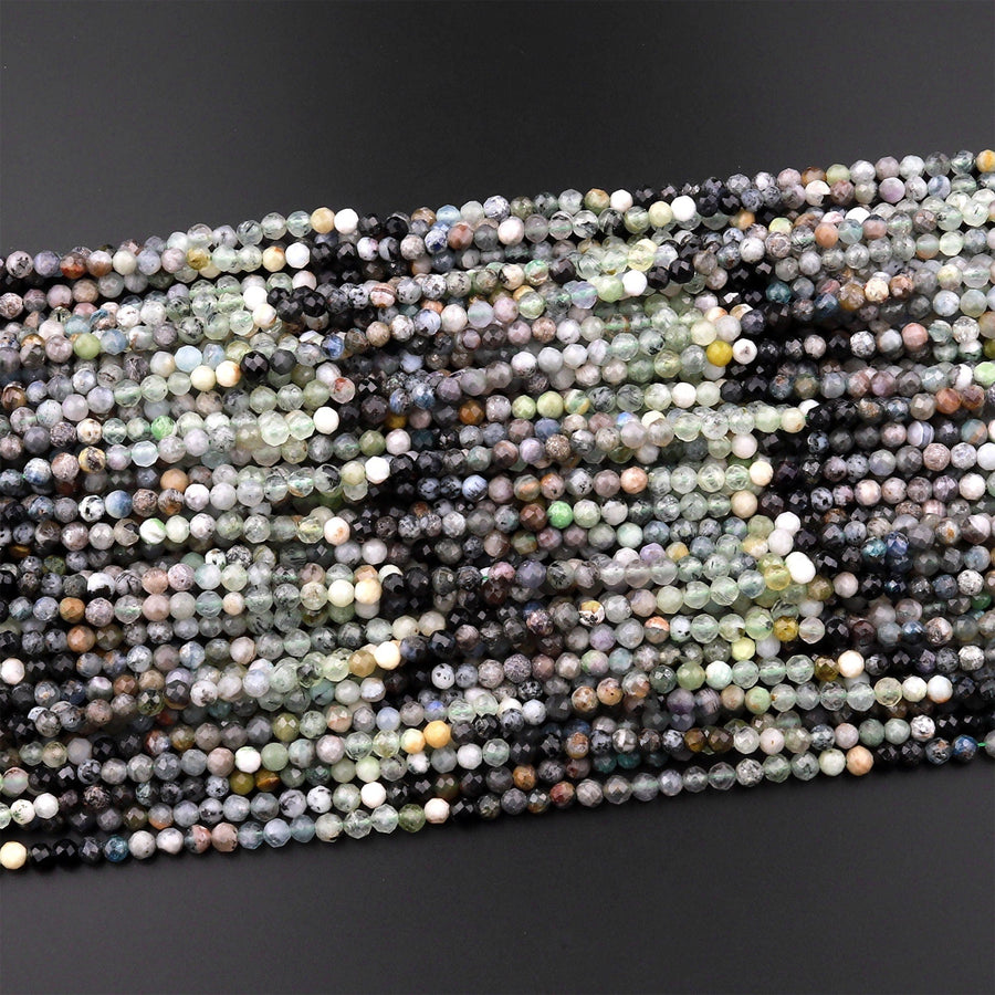 Micro Faceted Multicolor Mixed Gemstone Round Beads 4mm Prehnite Tourmaline Opal 15.5" Strand