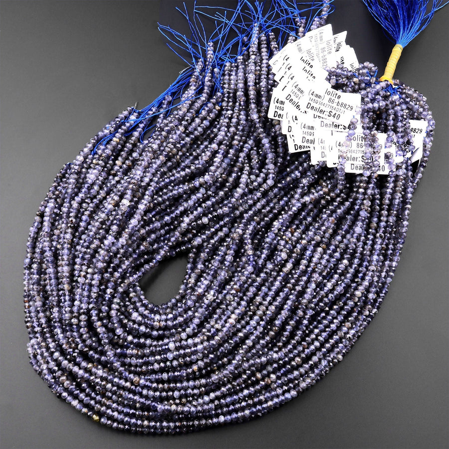 Natural Blue Iolite Faceted 4mm Rondelle Beads Genuine Real Gemstone Beads 15.5" Strand