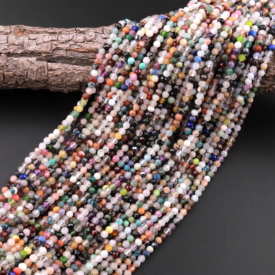 Micro Faceted Multicolor Gemstone Round Beads 3mm 4mm Garnet Moonstone Apatite Jade 15.5" Strand