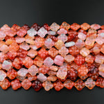 4 Four Leaf Clover Beads Natural Carnelian Hand Carved Orange Red Flower 15.5" Strand