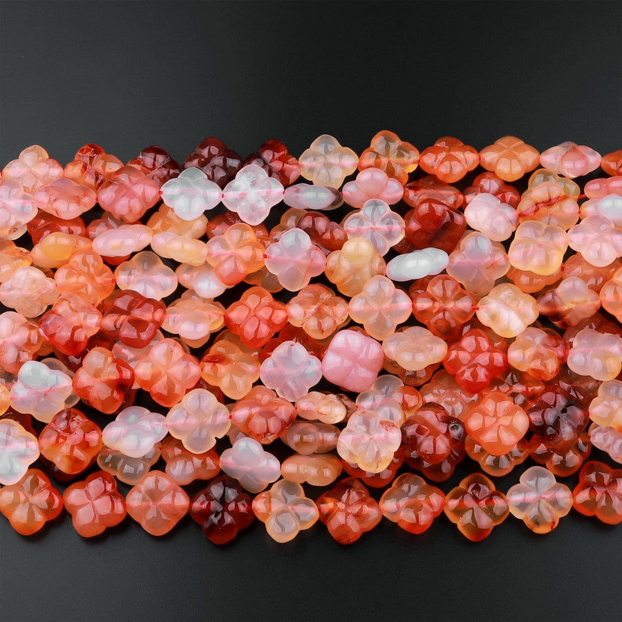 4 Four Leaf Clover Beads Natural Carnelian Hand Carved Orange Red Flower 15.5" Strand