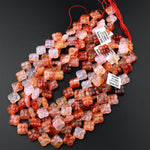 4 Four Leaf Clover Beads Natural Carnelian Hand Carved Orange Red Flower 15.5" Strand