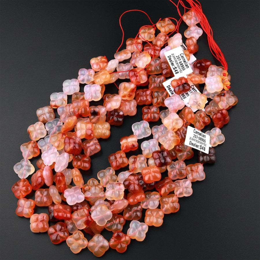 4 Four Leaf Clover Beads Natural Carnelian Hand Carved Orange Red Flower 15.5" Strand
