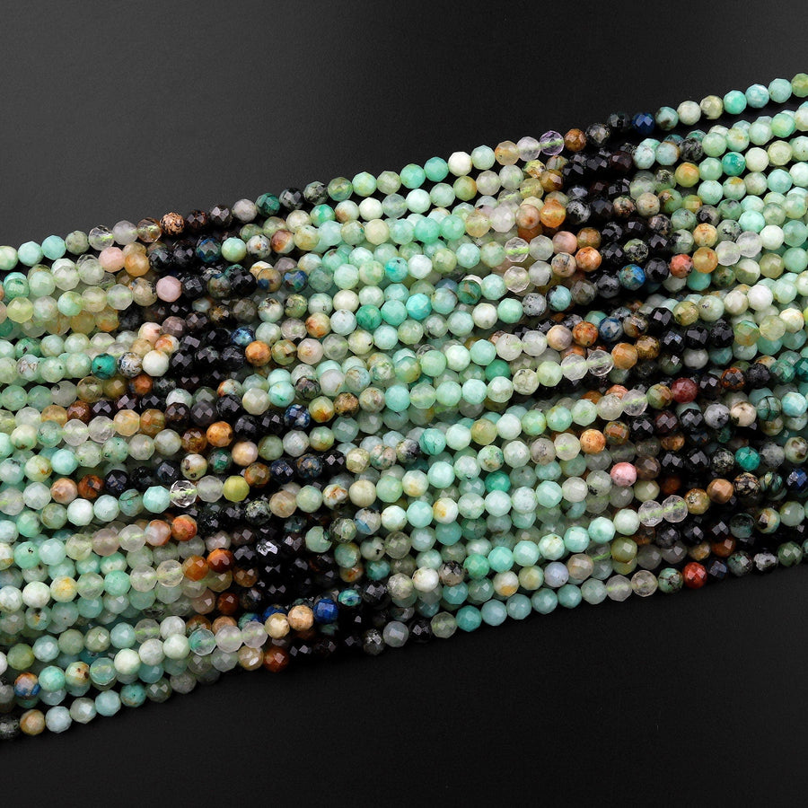 Micro Faceted Natural Green Chrysocolla Blue Azurite 4mm Faceted Round Beads Laser Diamond Cut Gemstone 15.5" Strand