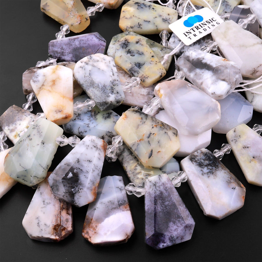 Natural Dendritic Opal Beads Faceted Trapezoid Tapered Teardrop Top Side Drilled Flat Slice Pendant 15.5" Strand