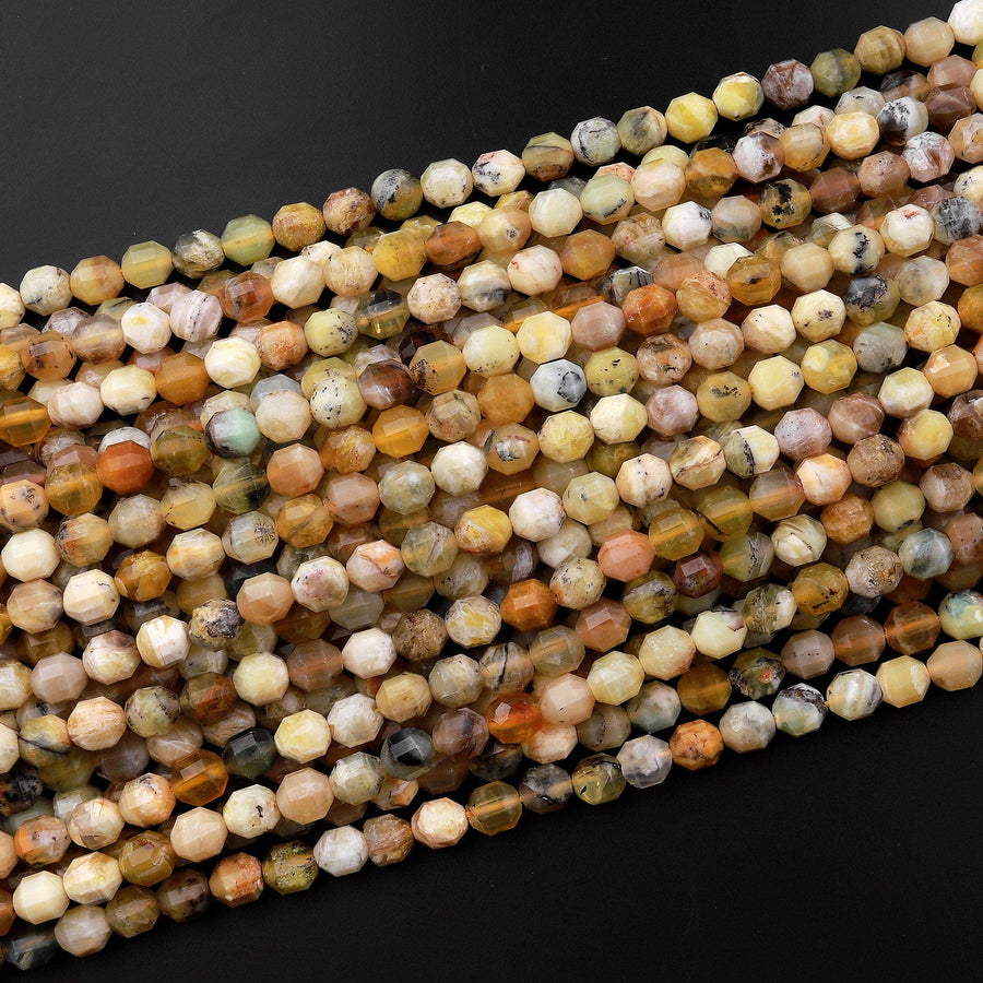 Natural Yellow Opal 6mm Beads Rounded Faceted Energy Prism Double Point Cut 15.5" Strand