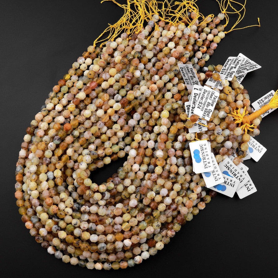 Natural Yellow Opal 6mm Beads Rounded Faceted Energy Prism Double Point Cut 15.5" Strand