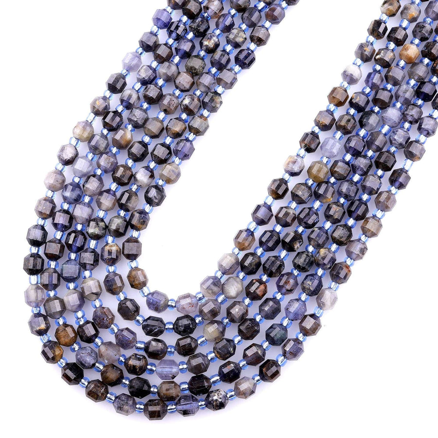 Natural Iolite 6mm Beads Rounded Faceted Energy Prism Double Terminated Points 15.5" Strand